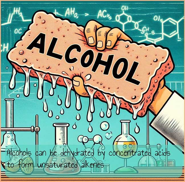 Cartoon style image to show that alcohols can be dehydrated by concentrated acids to form alkenes